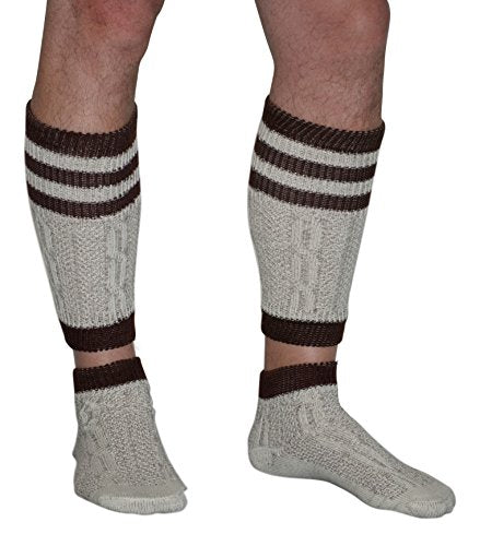 Dirndl Trachten Haus German Lederhosen Long Cotton Socks for Men - 2PC BROWN TRIM COTTON