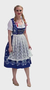 Regal Blue Long Dirndl Set: Women’s Oktoberfest Dress, Complete with Trachten Crop Top Blouse and Lace Apron