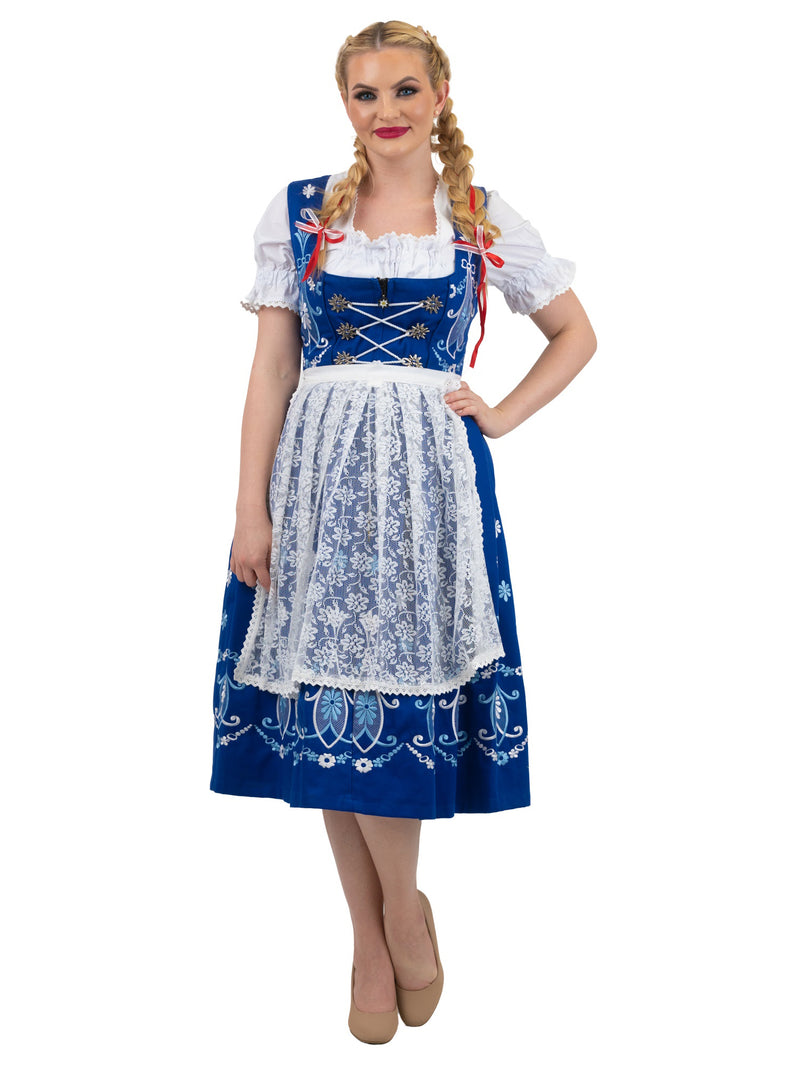 Regal Blue Long Dirndl Set: Women’s Oktoberfest Dress, Complete with Trachten Crop Top Blouse and Lace Apron