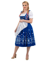 Regal Blue Long Dirndl Set: Women’s Oktoberfest Dress, Complete with Trachten Crop Top Blouse and Lace Apron