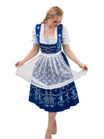 Regal Blue Long Dirndl Set: Women’s Oktoberfest Dress, Complete with Trachten Crop Top Blouse and Lace Apron