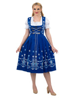 Regal Blue Long Dirndl Set: Women’s Oktoberfest Dress, Complete with Trachten Crop Top Blouse and Lace Apron