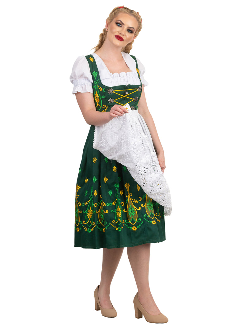 Bavarian Blossoms: Traditional Long Oktoberfest German Dirndl Dress Set, Green with Yellow and Green Embroidery