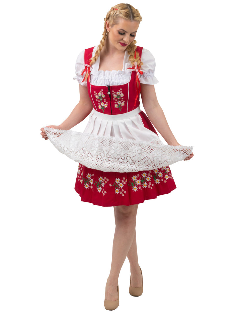 Traditional Red Oktoberfest Dress: 3 Piece Short German Dirndl Dress Set