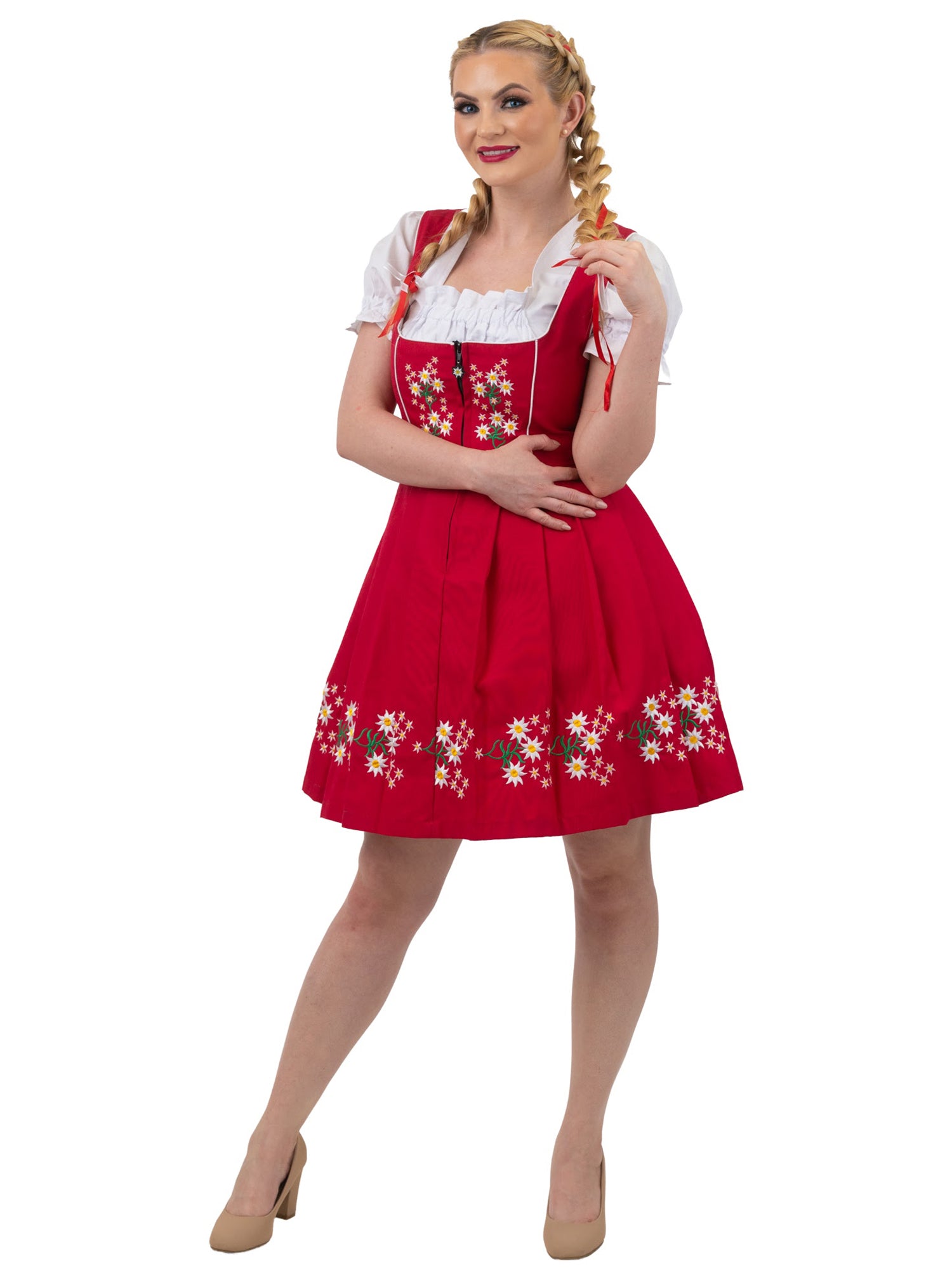 Dirndl Trachten Haus Three-Piece Short Dirndl Dress, Lace Apron and Crop  Top - Red Short