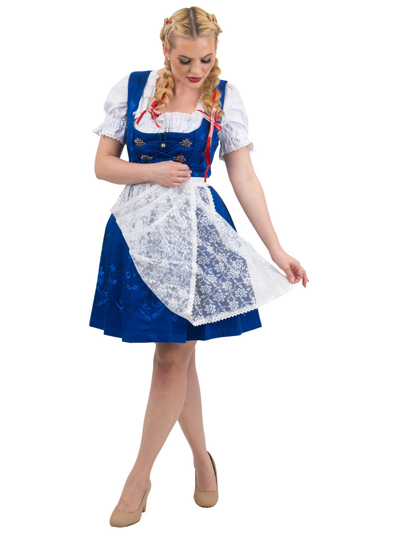 Blue Bavarian Bliss: Short Blue German Dirndl Dress Set with Crop Top & Lace Apron